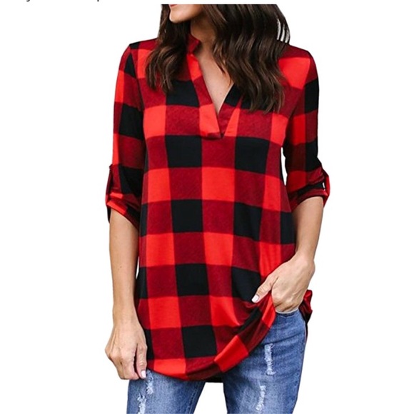 Tops - women casual v neck roll up sleeve boyfriend top